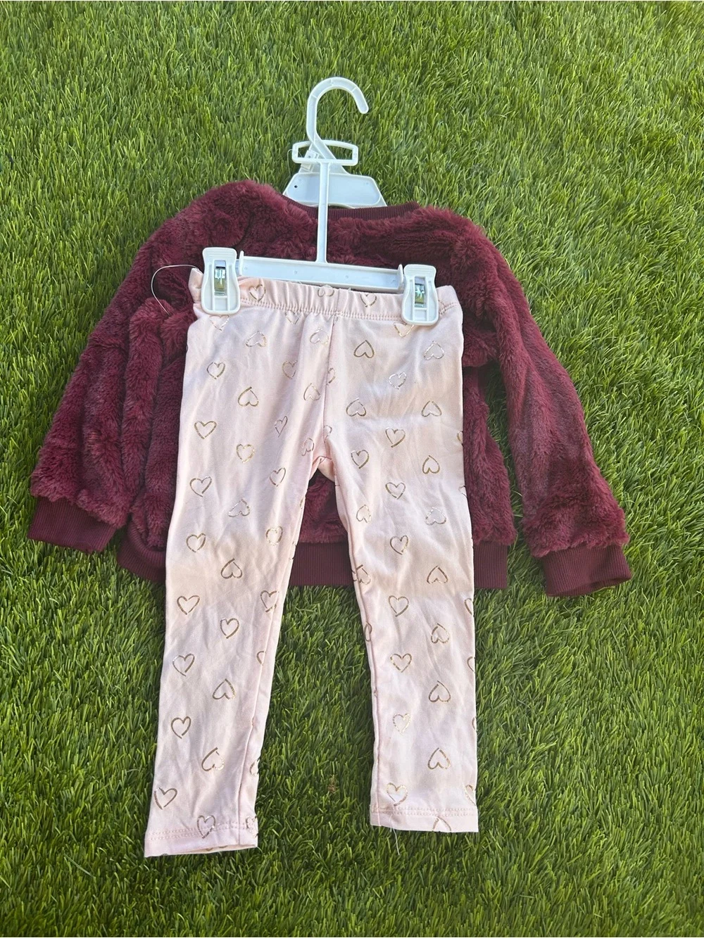 btween Burgundy Plush Heart & Rainbow Top with Cream Heart-Print Leggings